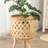 elvesmall Handmade Bamboo Woven Flower Pot with Stand  Plant Flower Display Storage Stand DIY Storage Nursery Pots Home Decoration