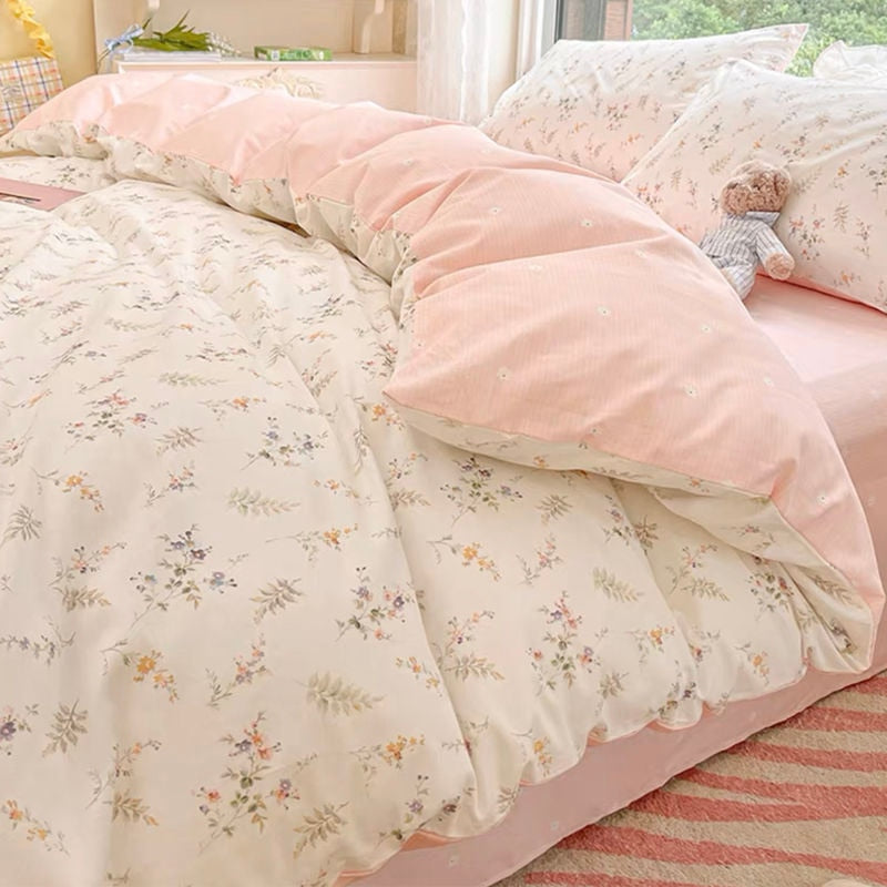 Elvesmall Ins Pink Flowers Bedding Set Flat Bed Sheet Duvet Cover Twin Full Queen Nordic Bed Linen Boy Girl Bedding Sets Flower Cherry