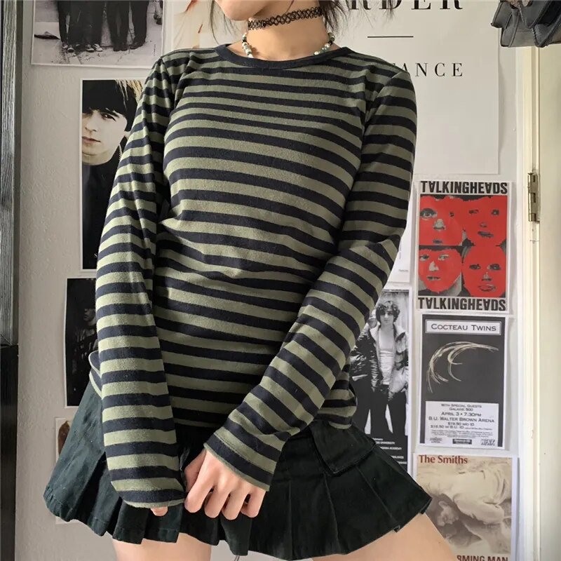 Elvesmall  y2k Women T Shirt Streetwear Striped Long Sleeve T-Shirt Pullover Tops Teen Girl T-Shirt 2000s Aesthetic Gothic Clothes