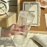 elvesmall 450/600ml Stripe Glass Cup Transparent Glasses With Lid and Straw Ice Coffee Mug Tea Cup Juice Glass Milk Water Cups Drinkware