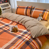 elvesmall 100% Cotton Plaid Geometric Bedding Set  Knit Bed Linens Sheet Pillowcase Home Textile Soft Bed Linen