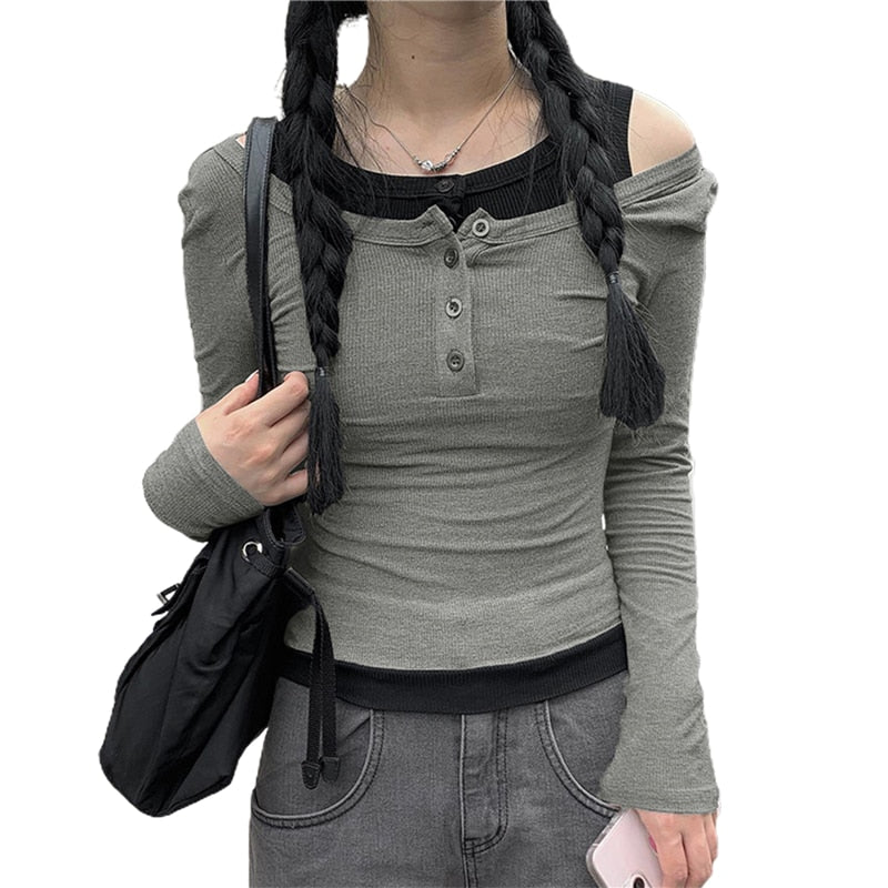 Elvesmall  Contrast Crop Top y2k Aesthetic Women Grunge Cold Shoulder Round Neck Long Sleeve T Shirt 2000s Clothing Streetwear