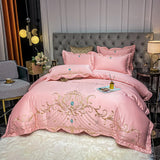 Elvesmall Luxury Chic Embroidery Bedding Set Beige Satin Cotton Duvet Cover Bedspread Bed Sheet Pillowcases Solid Color Home Textile