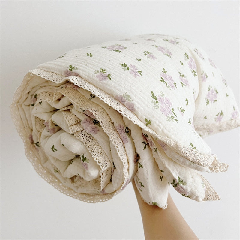 elvesmall Baby Camellia Rose Print Muslin Blanket Quilt for Summer Infant Floral Muslin Comforter Napping Cover for Baby Bedding Quilts
