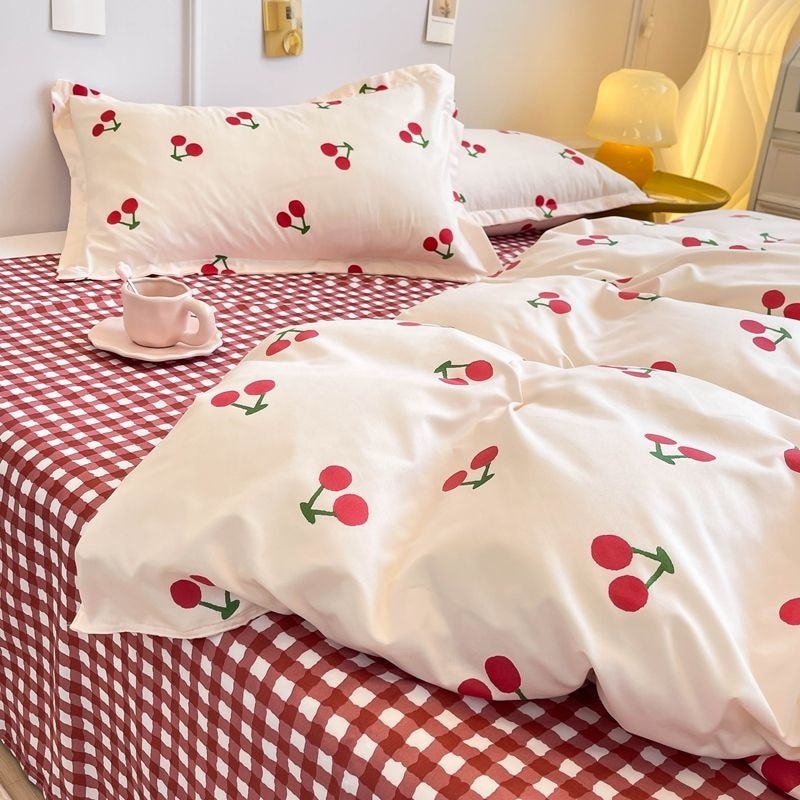 Elvesmall Kawaii Cherry Duvet Cover Set Pillowcase Flat Sheet Floral Boys Girls Twin Full Size Soft Bedding Kit Korean Ins Style Home Use