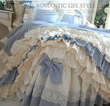 Elvesmall back to school High end Luxury Bedding set Cotton Blue Plaid Cake Layers Lace Ruffle Bowknot Duvet cover Bed skirt Linens Pillowcases