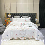 Elvesmall Luxury Flowers Embroidery White Duvet Cover Set Satin Cotton Bedding 4PCS Solid Color Bedspread Sheet Pillowcases Home Textile
