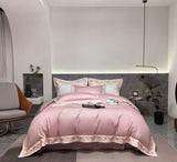 New Luxury Pink Embroidery White Bedding Set 100% Cotton 4pcs Solid Color Duvet Cover Bed Sheet Linen Pillowcases Home Textile