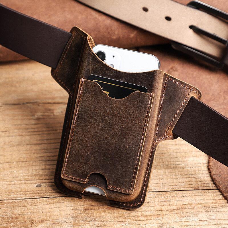 elvesmall Men Genuine Leather Vintage EDC 5.8 Inch Phone Bag Phone Case ID Wallets Purse Waist Bag