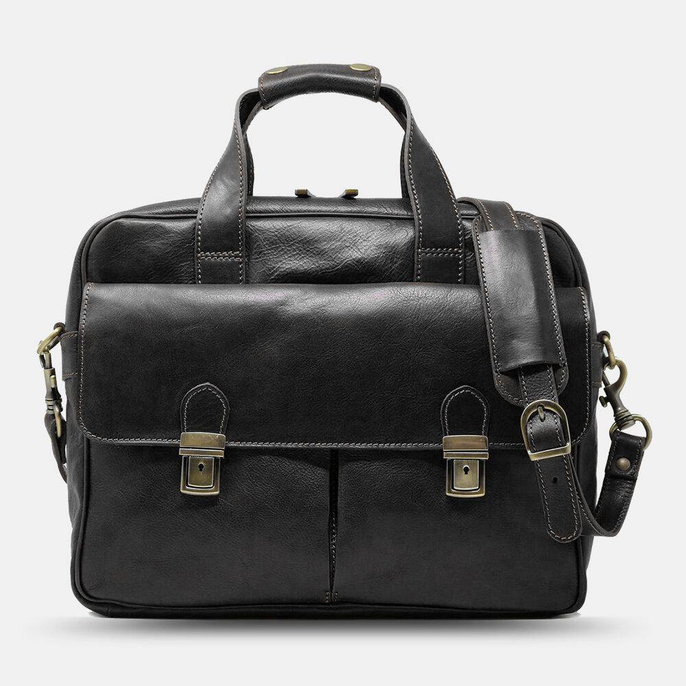 elvesmall Men PU Leather Multi-pocket 14 Inch Laptop Bag Messenger Bag Travel Crossbody Bag Handbag