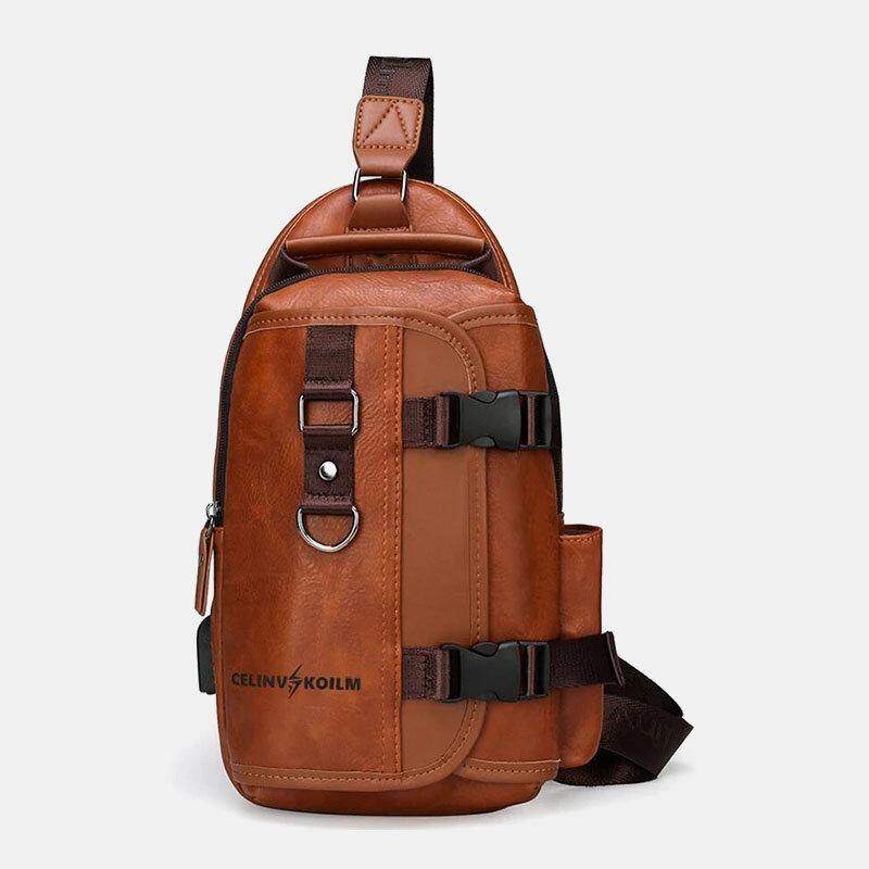 elvesmall Men PU Leather Large Capacity Multifunction Headset Hole USB Charging Short Trip Sling Bags Crossbody Bag Chest Bag