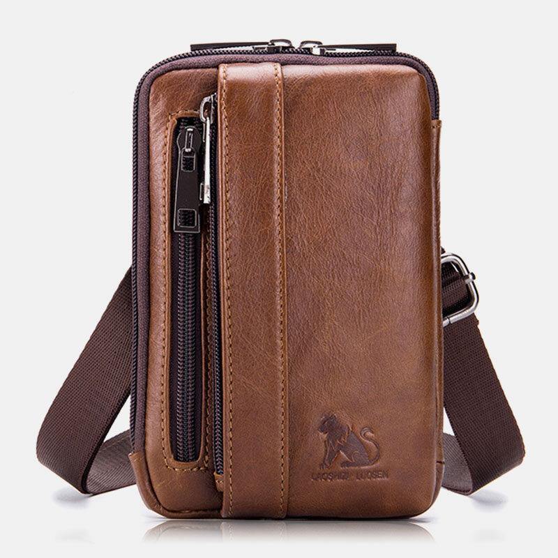 elvesmall Men Genuine Leather Multi-use Vintage Casual 6.5 Inch Phone Waist Bag Crossbody Bag Shoulder Bag