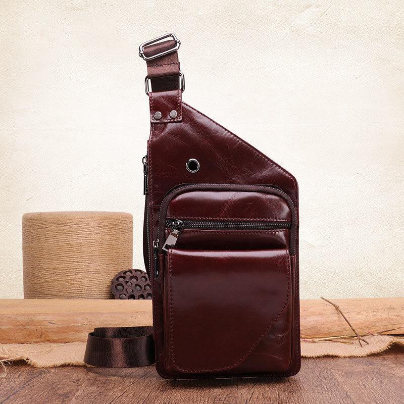 elvesmall Men Genuine Leather Retro Business Leather Chest Bag Crossbody Bag With Earphone Hole