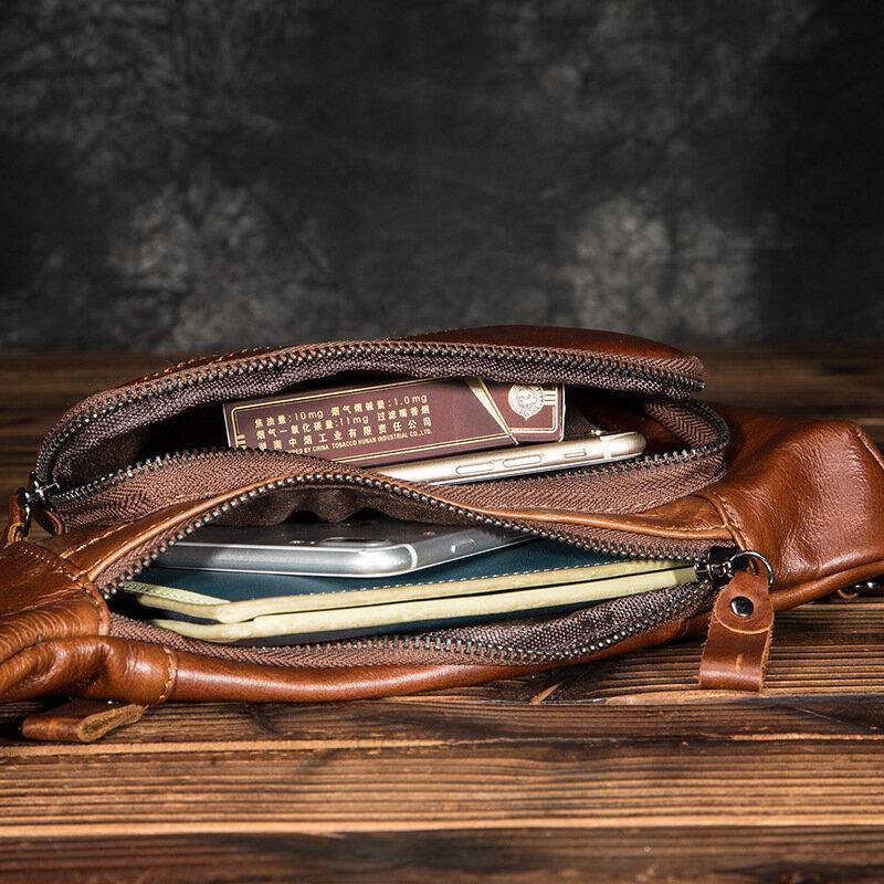 elvesmall Men Genuine Leather Multi-Pocket Retro 9 Inch Large Capacity Waterproof Phone Chest Bags Crossbody Bag