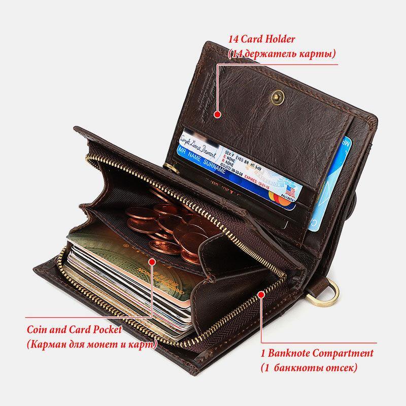 elvesmall Men Genuine Leather RFID Anti-theft Zipper Multi-slot Card Holder Wallet With Chain
