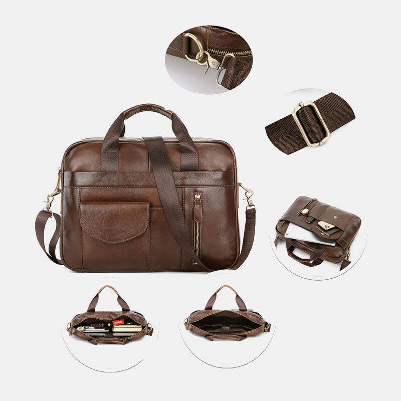 elvesmall Men Genuine Leather Multi-pocket Vintage 14 Inch Laptop Bag Briefcases Crossbody Bag Shoulder Bag Handbag