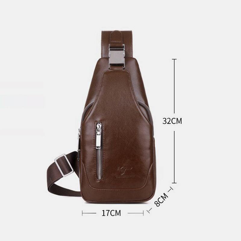 elvesmall Men PU Leather Business Casual Outdoor Waterproof Multi-carry Shoulder Bag Crossbody Bag Chest Bag With USB Charging
