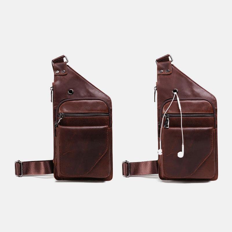 elvesmall Men Genuine Leather Retro Business Leather Chest Bag Crossbody Bag With Earphone Hole