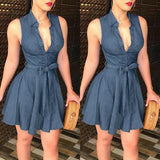 elvesmall Women Sleeveless Denim Deep V neck Dress Summer Mini Blue Dress