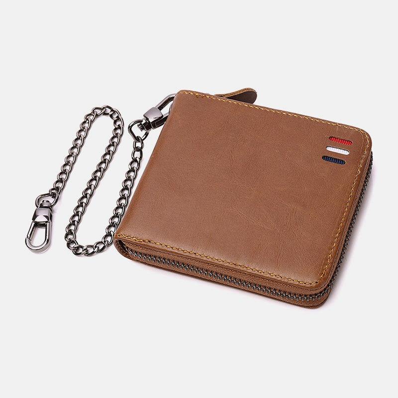 elvesmall Men Genuine Leather Chain RFID Blocking Anti-theft Zipper Multi-slot Card Holder Wallet