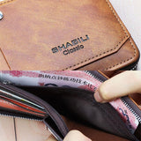 elvesmall Men Faux Leather Retro Classical Draw Card Slot Bifold Zipepr Card Holder Wallet