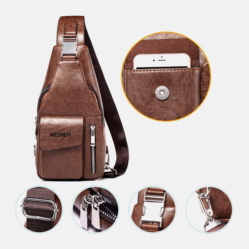 elvesmall Men PU Leather Multifunctional Large Capacity Waterproof 6.5Inch Phone Bag Chest Bag Crossbody Bags