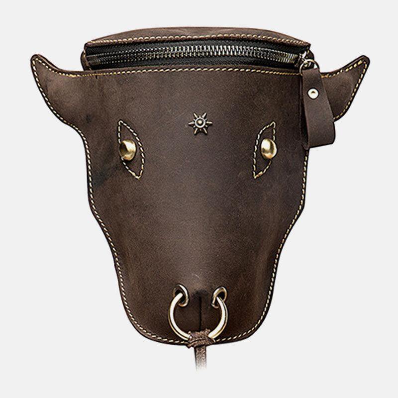 elvesmall Men Cow Head Shape Large Capacity Genuine Leather Crazy Horse Leather  7 Inch Vintage Waist Bag Leg Bag
