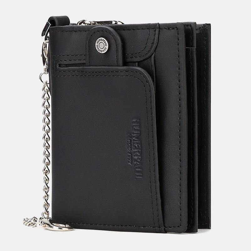elvesmall Men Genuine Leather RFID Anti-theft Zipper Multi-slot Card Holder Wallet With Chain