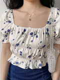 elvesmall Puff Sleeve Casual Floral Summer Blouse For Women