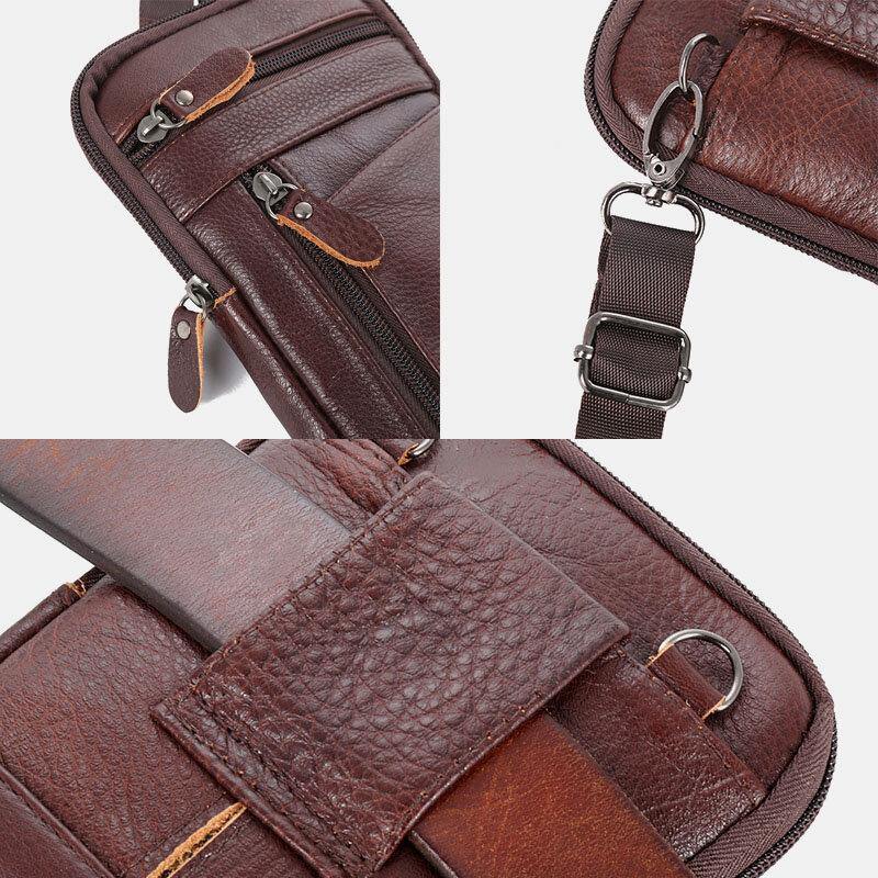 elvesmall Men Genuine Leather Large Capacity Vintage 6.5 Inch Phone Bag Waist Bag Crossbody Bag Shoulder Bag