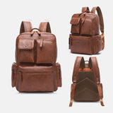 elvesmall Men PU Leather Multi-pocket Breathable Backpack Retro Large Capacity 14 Inch Laptop Bag