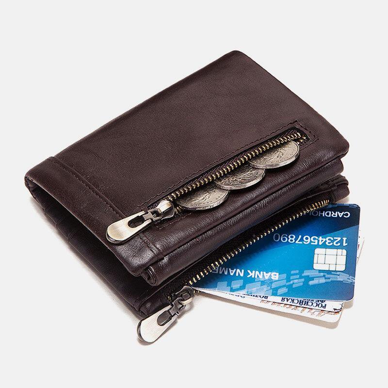 elvesmall Men Genuine Leather RFID Anti-theft Zipper Multi-slot Card Holder Wallet