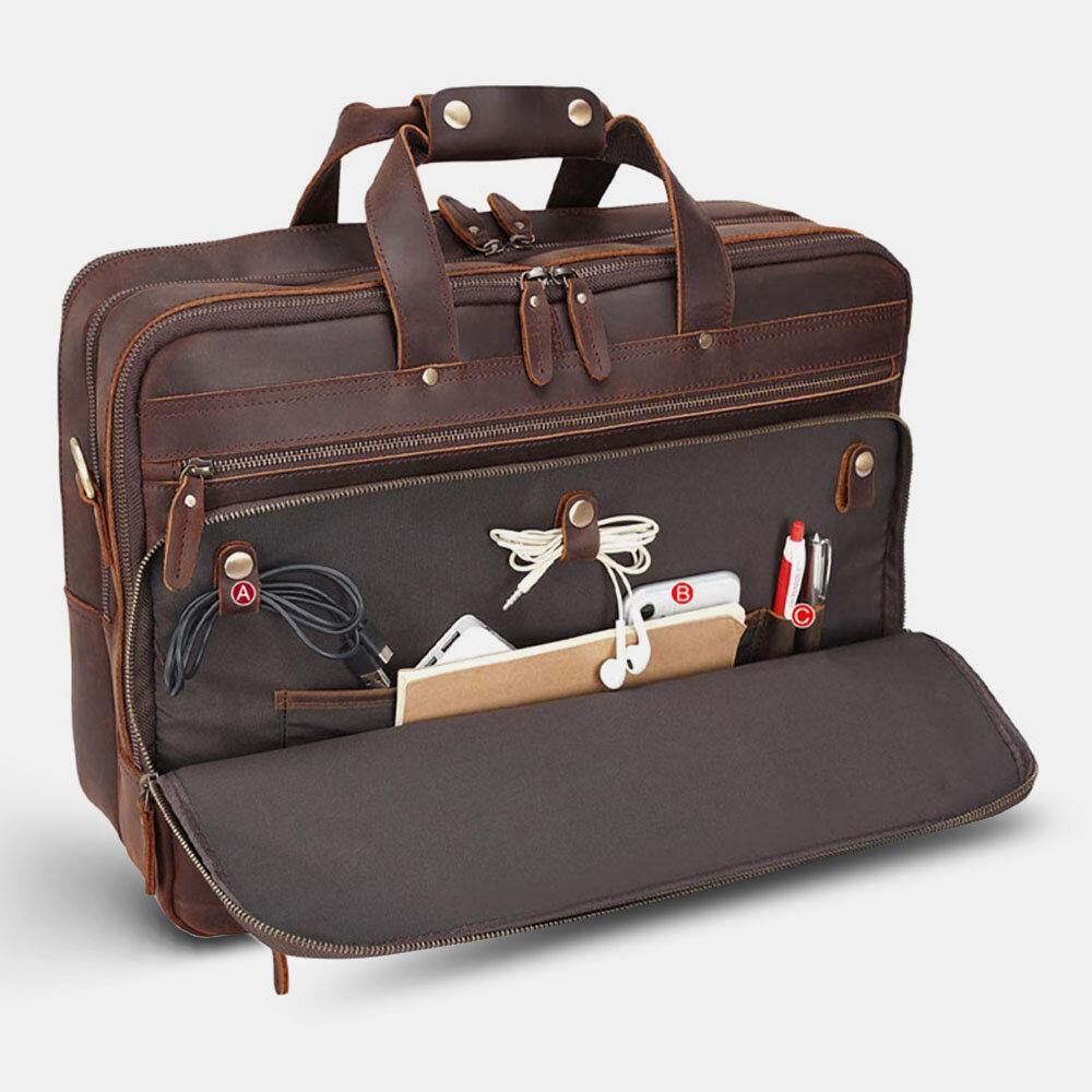 elvesmall E Ekphero Men PU Leather Multifunction Large Capacity Vintage 14 Inch Laptop Bag Multi-Layers Briefcase Handbag Crossbody Bag