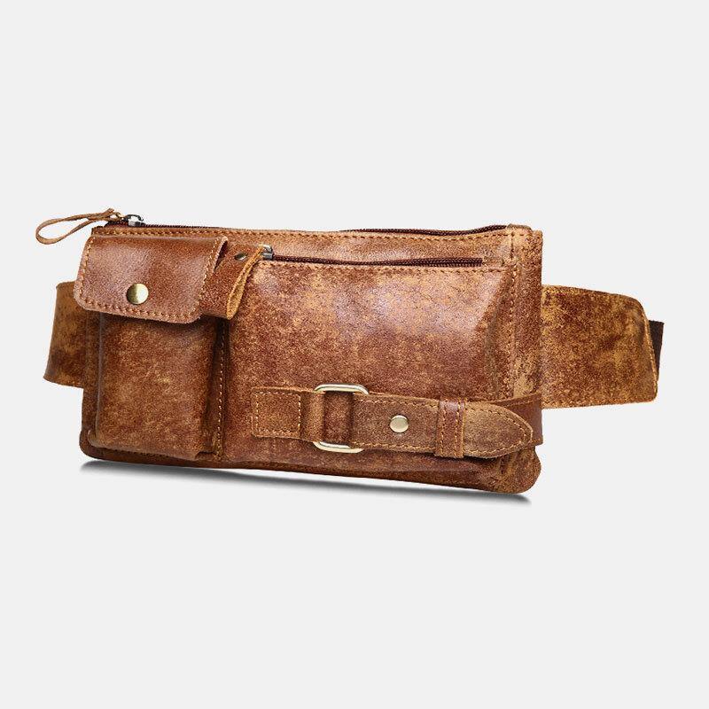 elvesmall Men Genuine Leather Business Outdoor Retro Multi-carry Leather 6.3 Inch Phone Bag Waist Bag Chest Bag