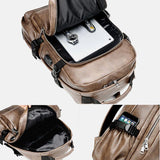 elvesmall Men PU Leather USB Charging Business Casual Waterproof 14 Inch Laptop Bag Student School Bag Adjustable Backpack