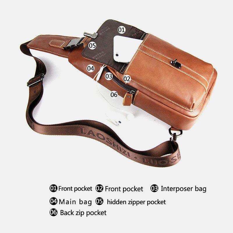 elvesmall Men Genuine Leather USB Charging Retro Casual Cowhide Chest Bag Sling Bag Crossbody Bag