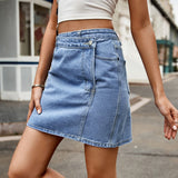 elvesmall Women's Suburban Chic Asymmetrical Denim Mini Skirt