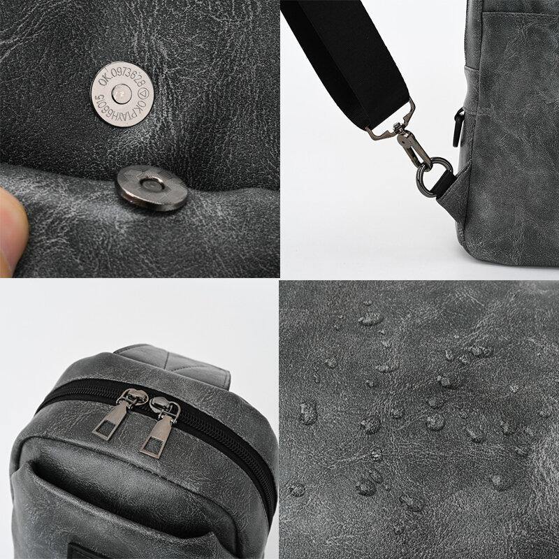 elvesmall Men PU Leather Waterproof Multi-Pocket Headphone Hole Casual Chest Bags Shoulder Bag Crossbody Bags