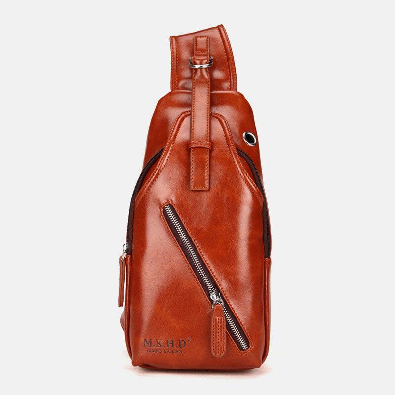 elvesmall Men Faux Leather Oil Leather Business Casual Travel Waterproof Shoulder Bag Chest Bag