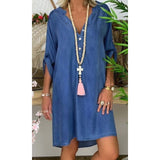 elvesmall V-neck Pullover Shirt Sleeve Denim Dress