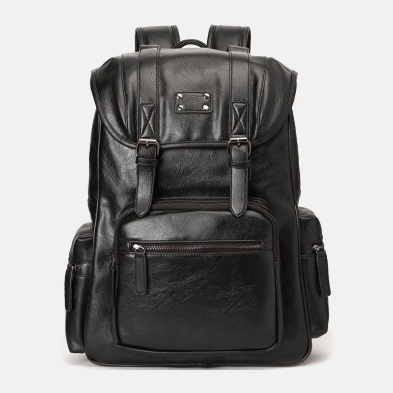 elvesmall Men Faux Leather Multi-pocket Large Capacity 14 Inch Laptop Bag Travel Backpack