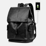 elvesmall Men Faux Leather Large Capacity Waterproof 13.3 Inch Laptop Bag Travel Bag Backpack With USB Charging