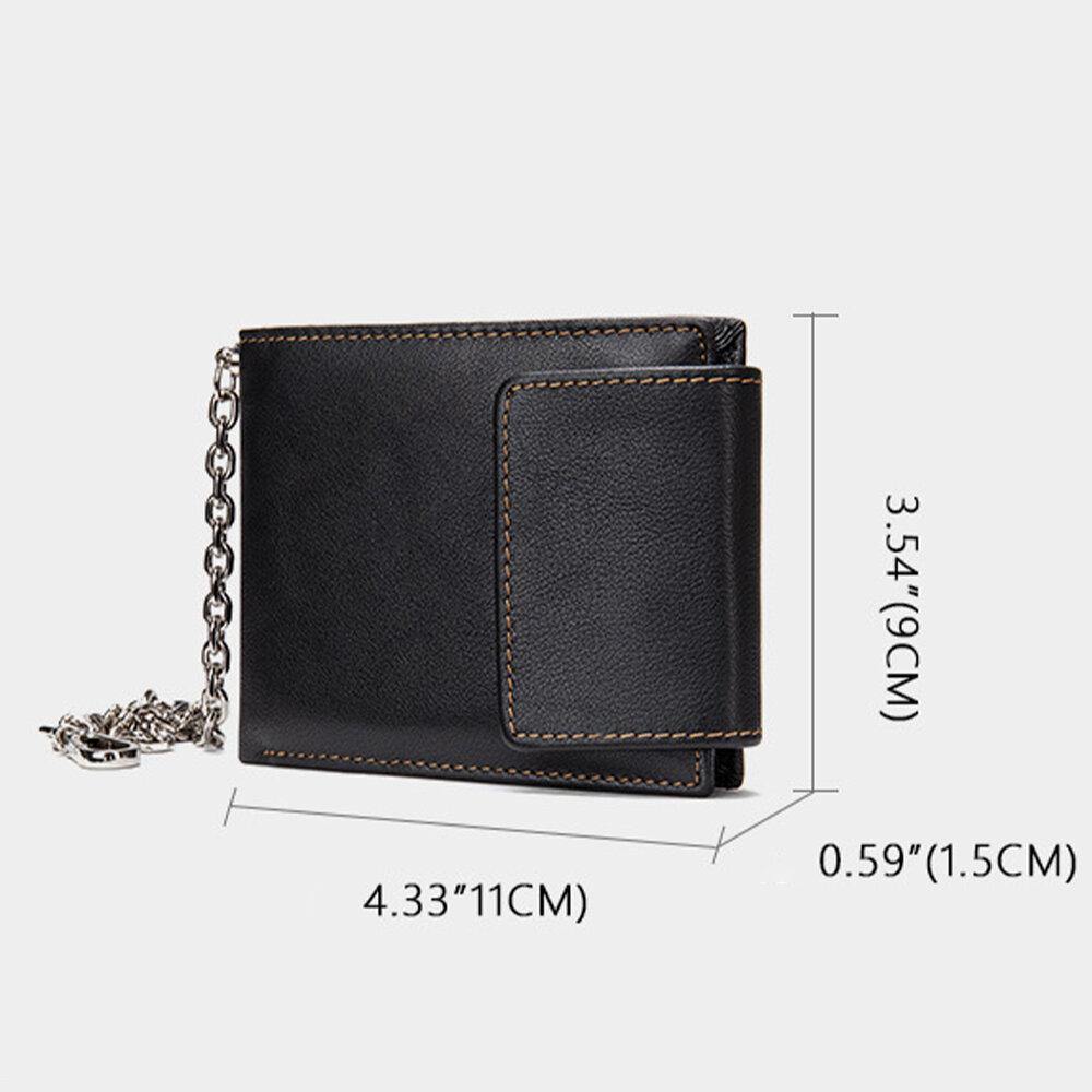 elvesmall Men Genuine Leather RFID Blocking Anti-theft Retro Multi-functional Card Holder Wallet With Chain