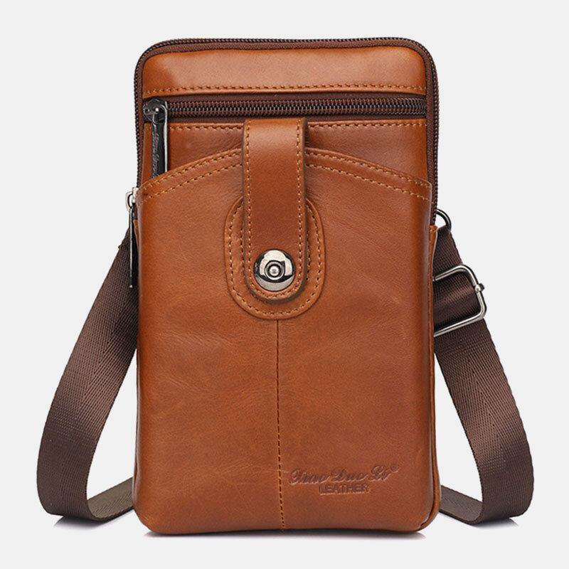 elvesmall Men Genuine Leather Vintage Multifunctional 6.5 Inch Zipper Hasp Phone Bag Crossbody Bag Waist Bag
