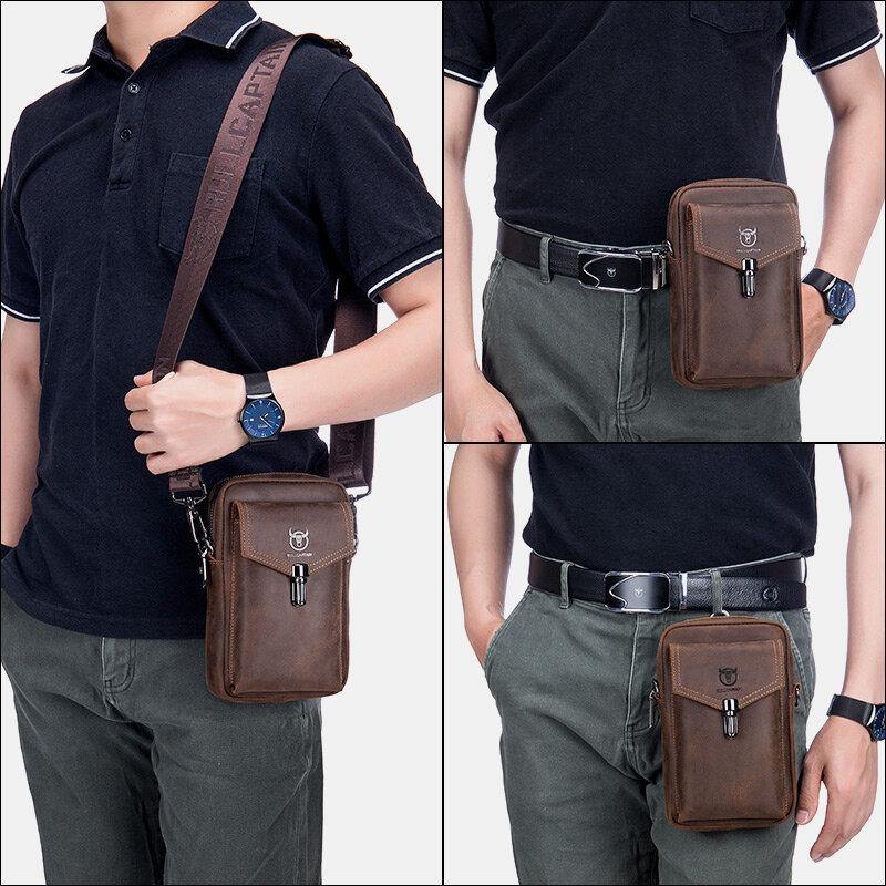elvesmall Men Genuine Leather Large Capacity Vintage 6.5 Inch Phone Bag Waist Bag Shoulder Bag Crossbody Bag