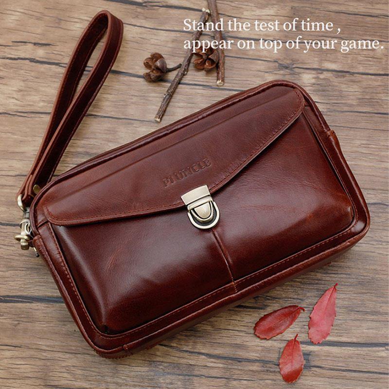 elvesmall Men's Genuine Leather Clutch Bag - Large Capacity for Phone & Cards