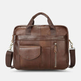 elvesmall Men Genuine Leather Multi-pocket Vintage 14 Inch Laptop Bag Briefcases Crossbody Bag Shoulder Bag Handbag