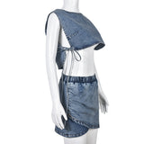 elvesmall Women Summer Cutout Tie Top and Skirt Stretch Denim Two-Piece Set