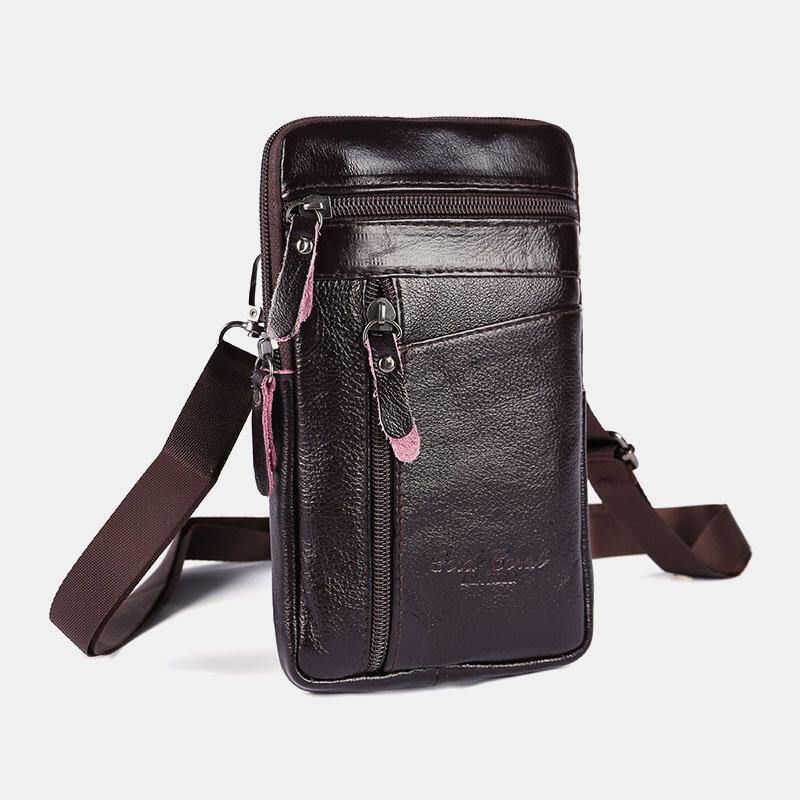 elvesmall Men Genuine Leather Large Capacity Vintage 6.5 Inch Phone Bag Waist Bag Crossbody Bag Shoulder Bag