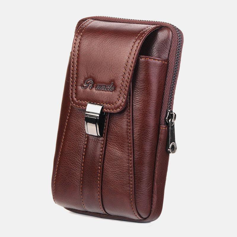 elvesmall Men Vertical Multifunction Genuine Leather Belt Bag Large Capacity Retro 6.3 Inch Phone Bag Waist Bag With Hook